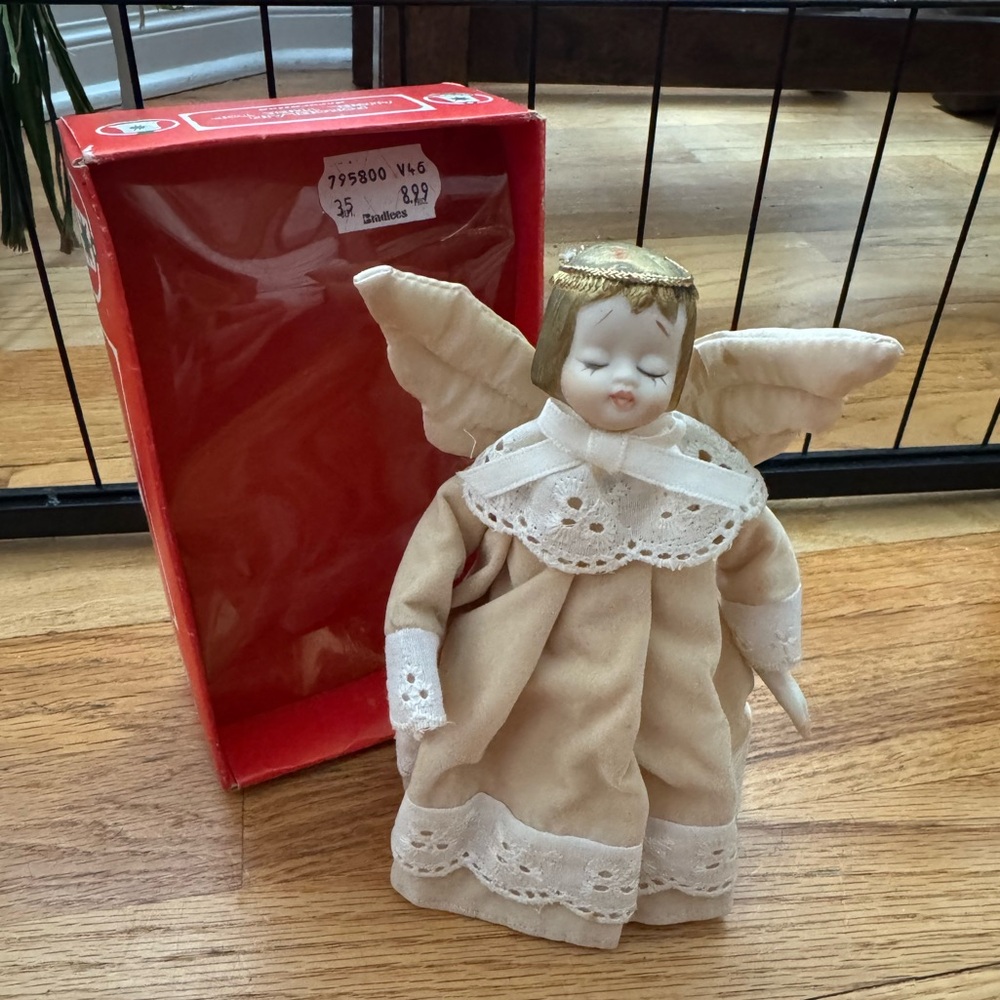 Vintage Porcelain & Fabric Angle Christmas Tree Topper with Original Box 1980’s